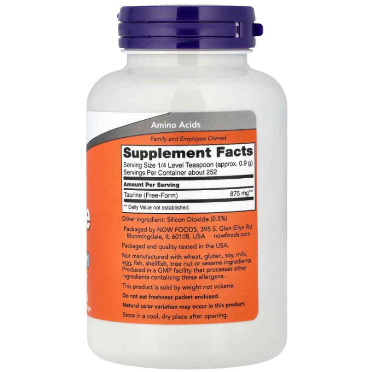 Tabla Supplement Facts Now Foods Taurina en polvo 227 g