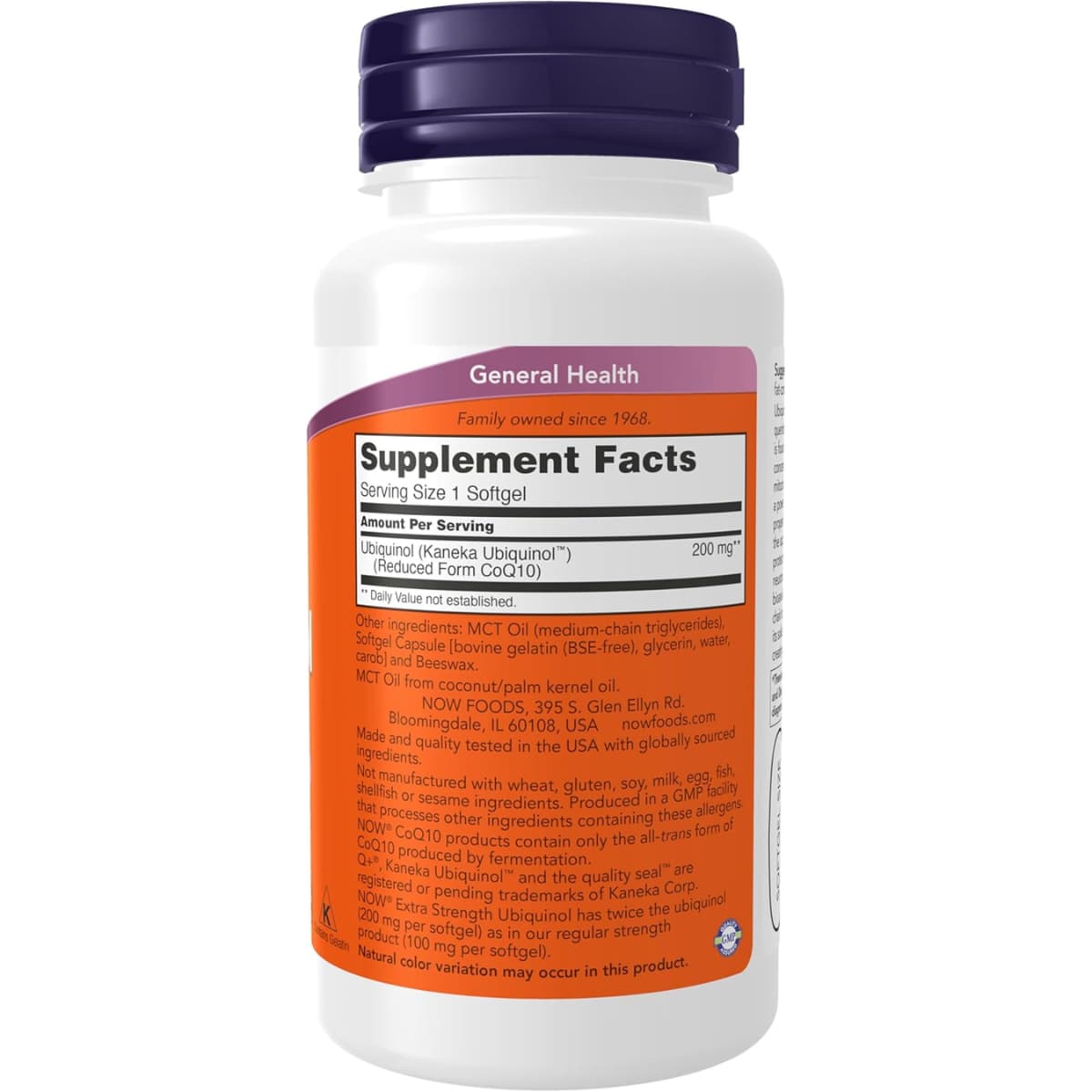 Tabla nutricional del suplemento NOW Foods Ubiquinol 200 mg 60 cápsulas blandas