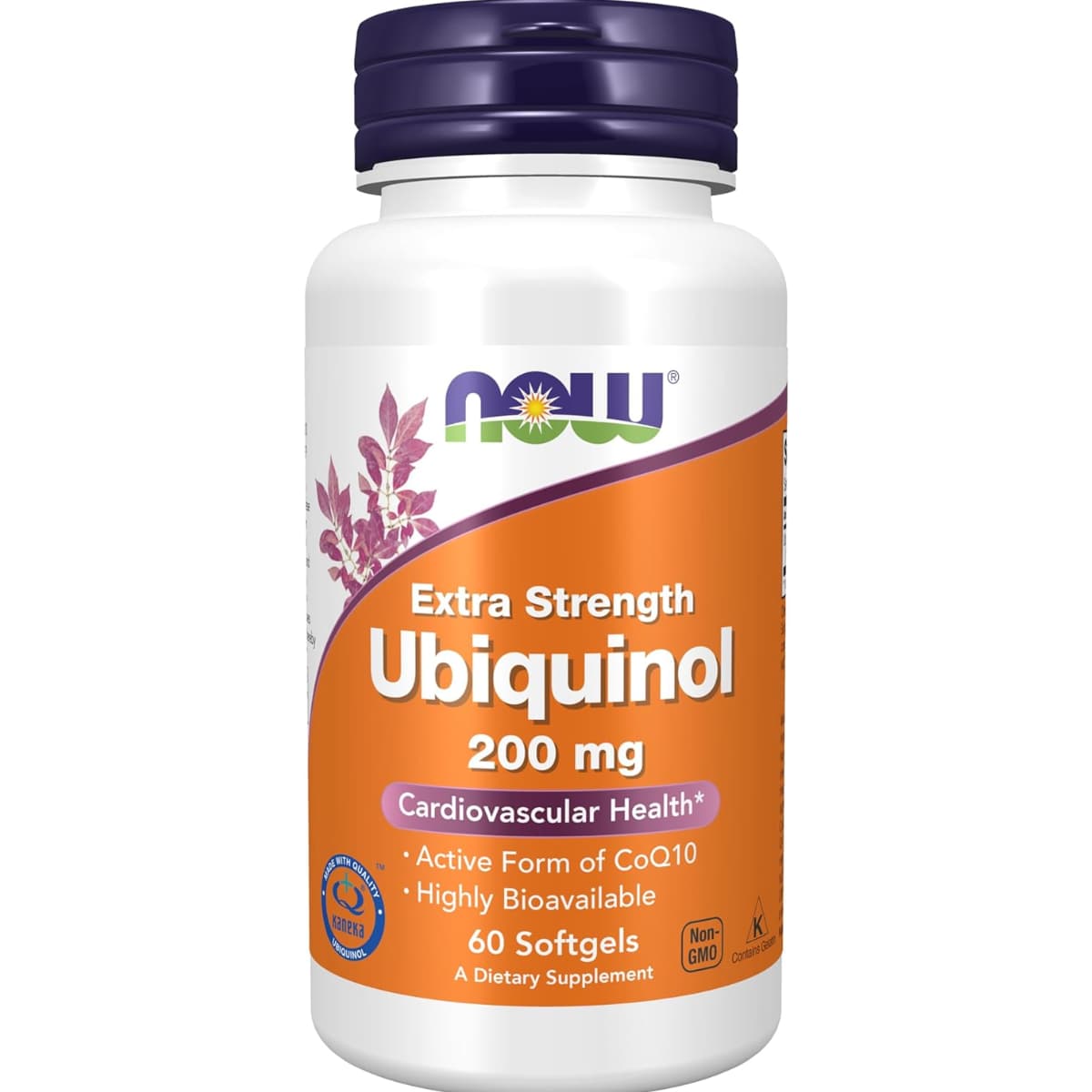 Frasco de suplemento NOW Foods Ubiquinol 200 mg 60 cápsulas blandas