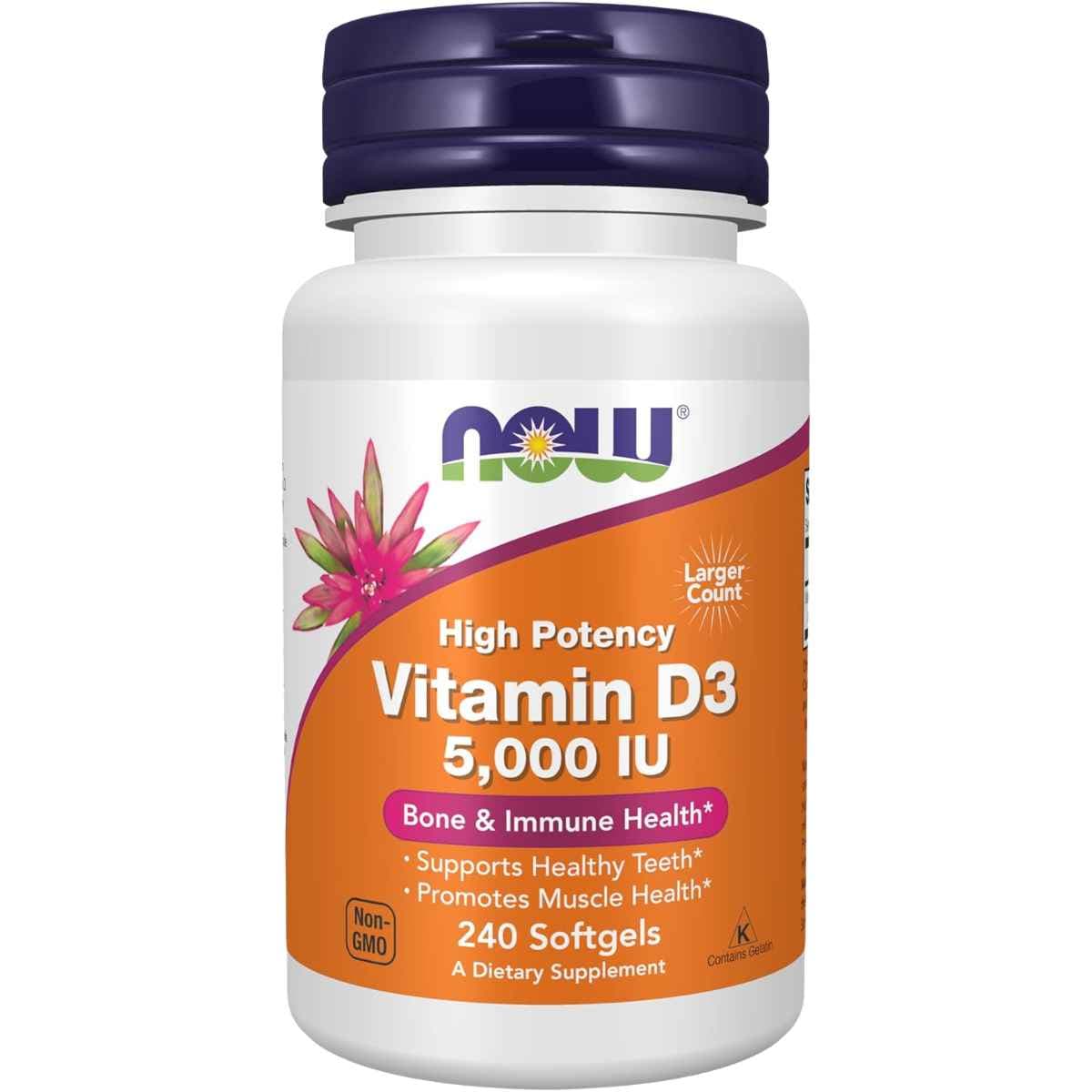 Frasco de suplemento NOW Foods Vitamina D3 240 cápsulas blandas