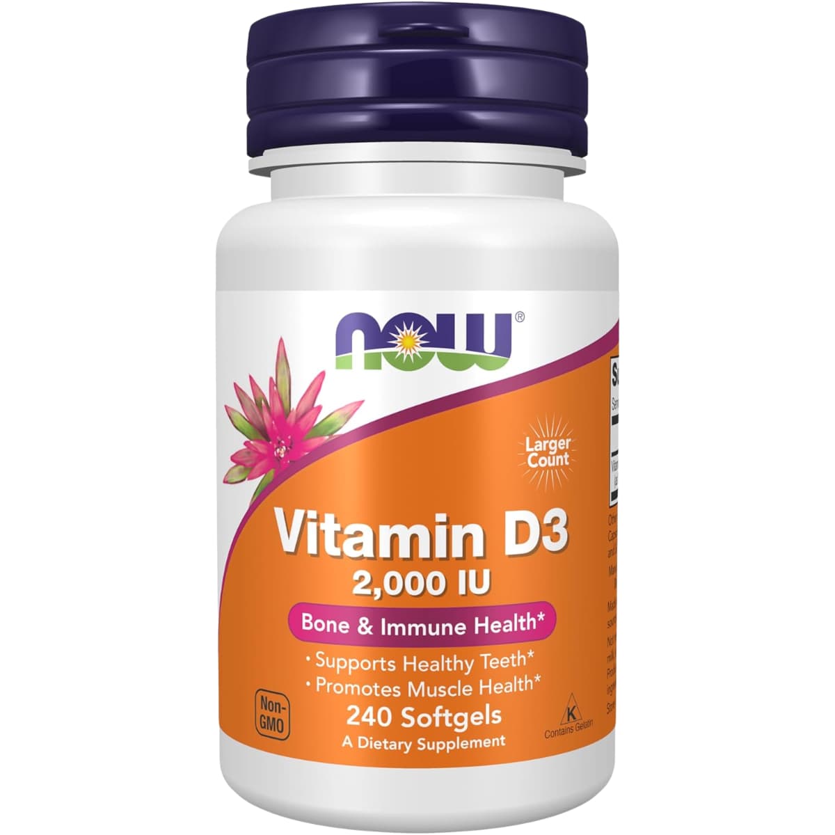 Frasco de suplemento Now Foods Vitamina D3 2000 UI 240 cápsulas blandas