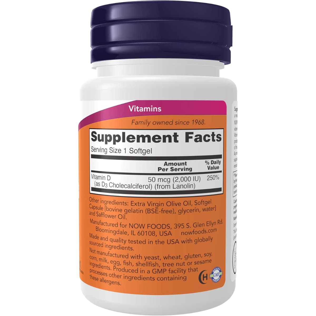 Tabla nutricional del suplemento Now Foods Vitamina D3 2000 UI 30 cápsulas blandas