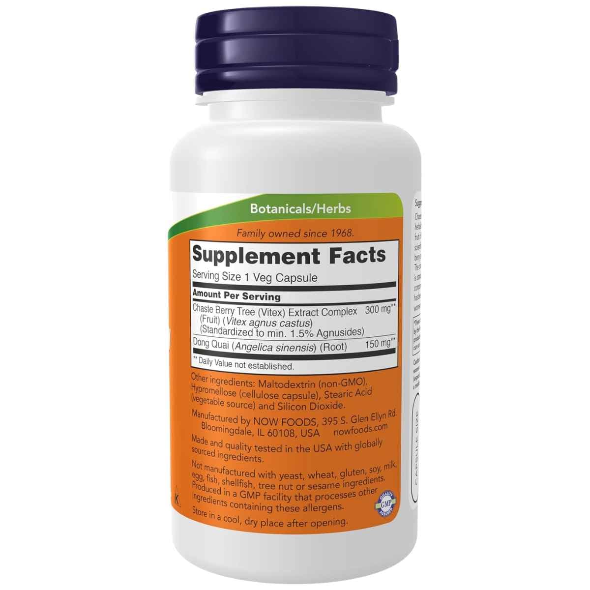 Etiqueta del suplemento Now Foods Chaste Berry Vitex Extract con información de Vitex 300 mg, Dong Quai y datos por porción.