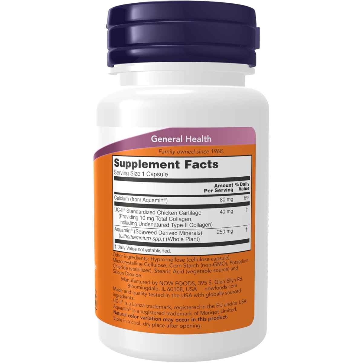 Tabla nutricional del suplemento NOW UC-II Colágeno Tipo II No Desnaturalizado 10 mg 60 cápsulas