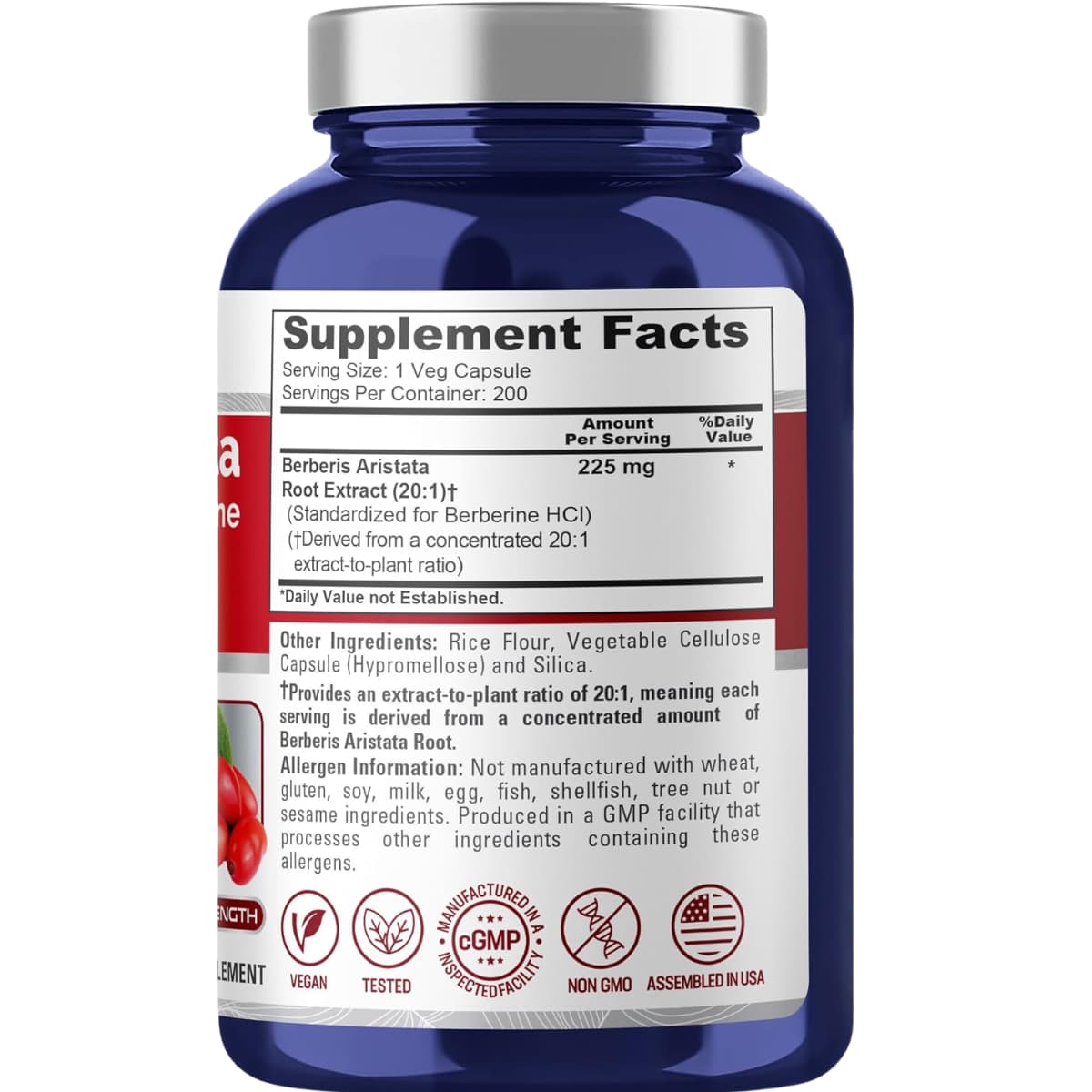 Etiqueta de suplemento de NusaPure Berberina 225 mg con información de porción e ingredientes