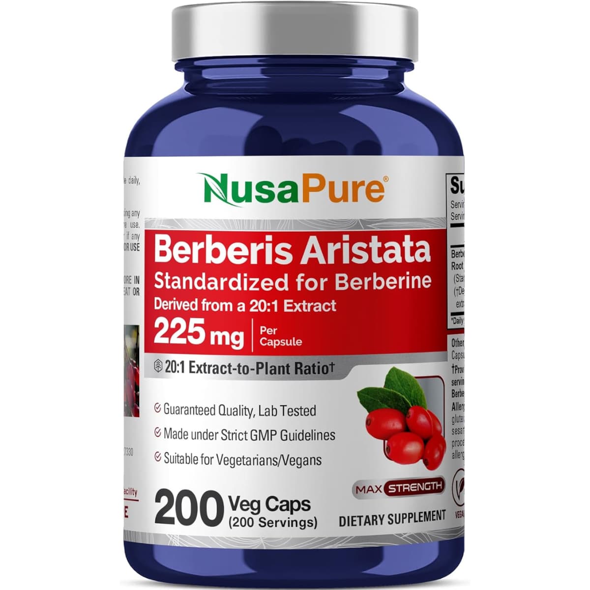 Frasco frontal de NusaPure Berberina 225 mg, presentación de 200 cápsulas vegetales