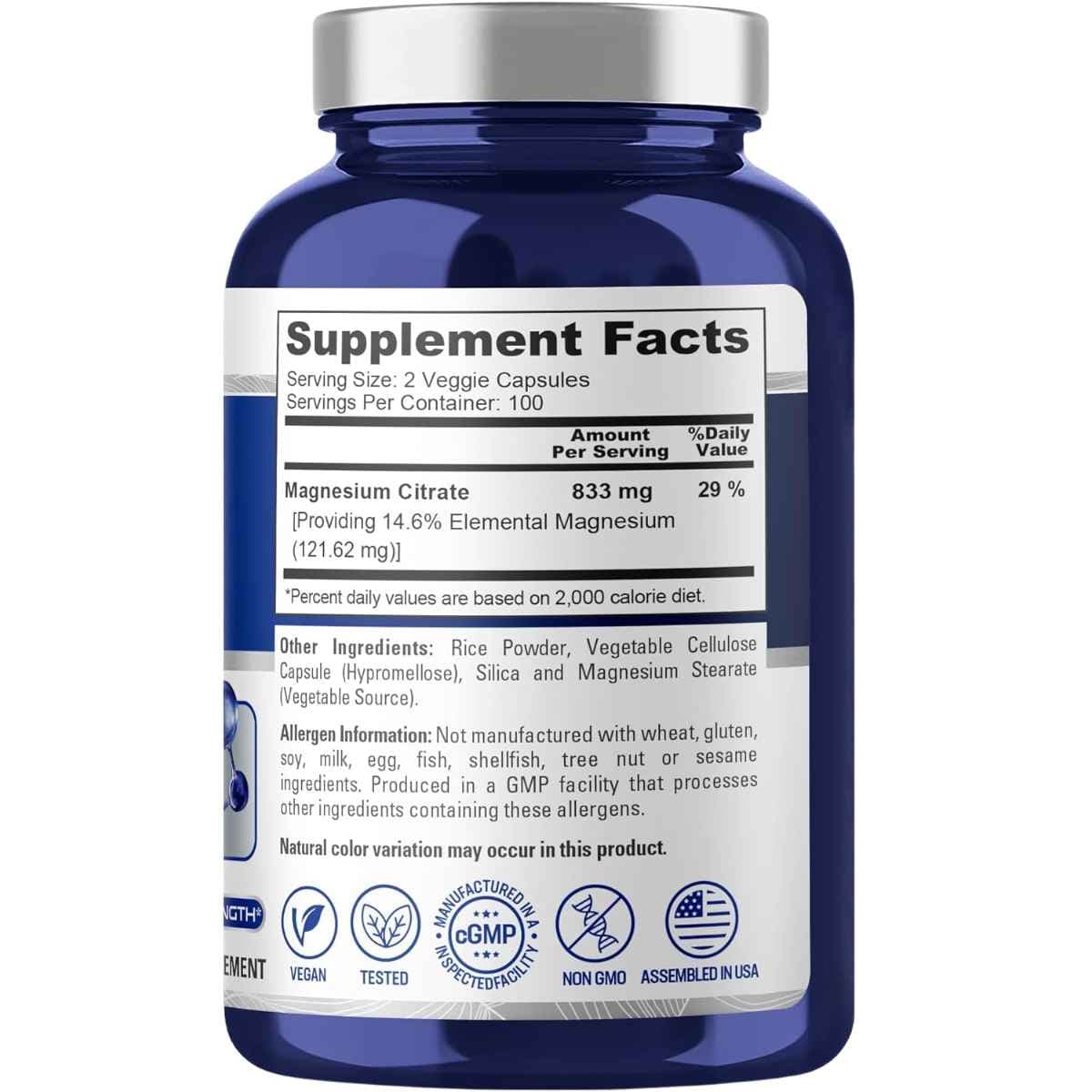 Tabla nutricional del suplemento NusaPure Citrato de Magnesio 833 mg 200 Cápsulas Vegetales