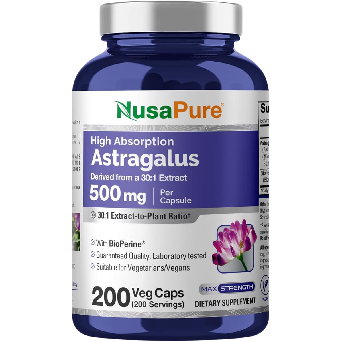 Frasco de suplemento NusaPure Extracto de Raíz de Astrágalo 500 mg 200 cápsulas vegetales