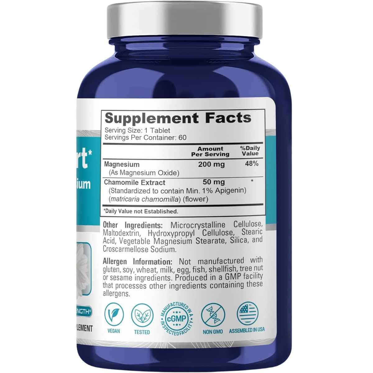 Tabla nutricional del suplemento NusaPure Soporte para el Sueño con Manzanilla y Magnesio 60 tabletas