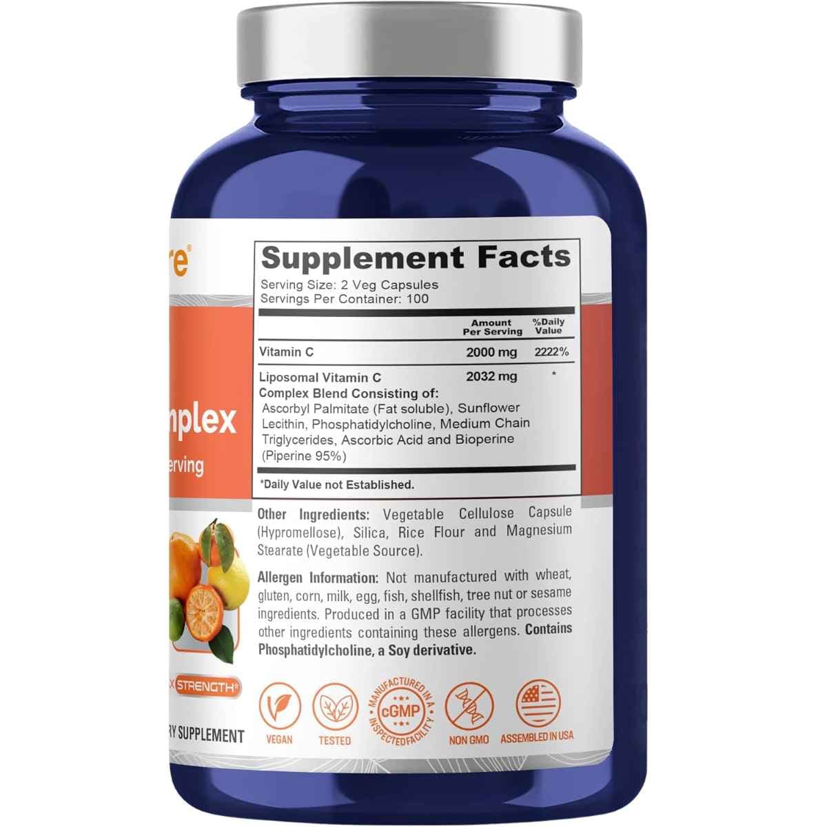 Tabla nutricional del suplemento NusaPure Vitamina C Liposomal 2032 mg 200 cápsulas veganas