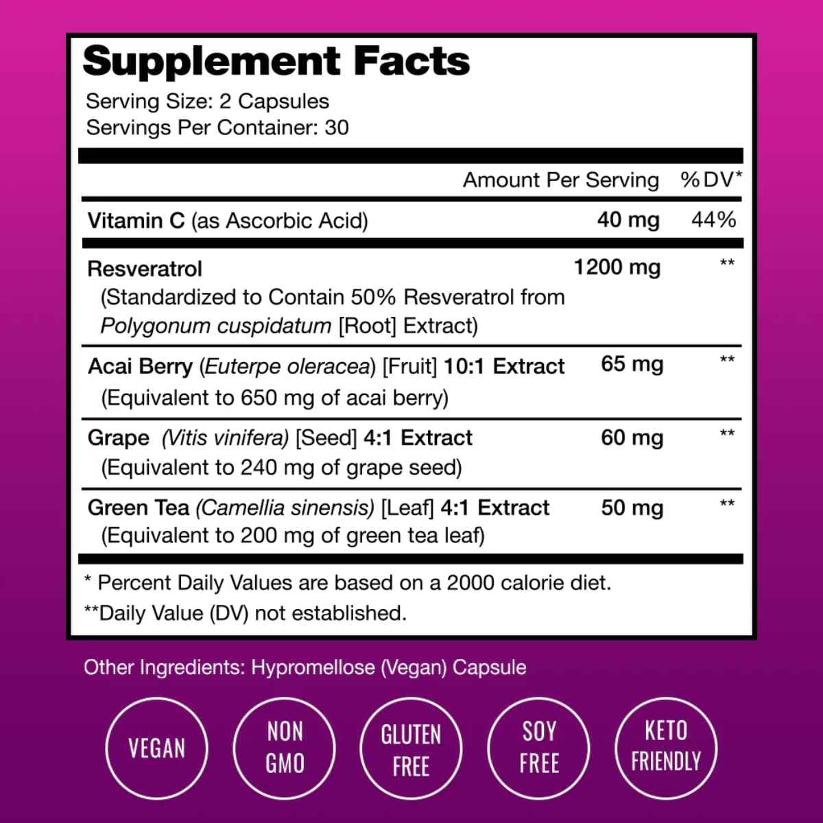 Tabla nutricional del suplemento Nutra Champs Resveratrol 1200 mg 60 Capsulas Veganas