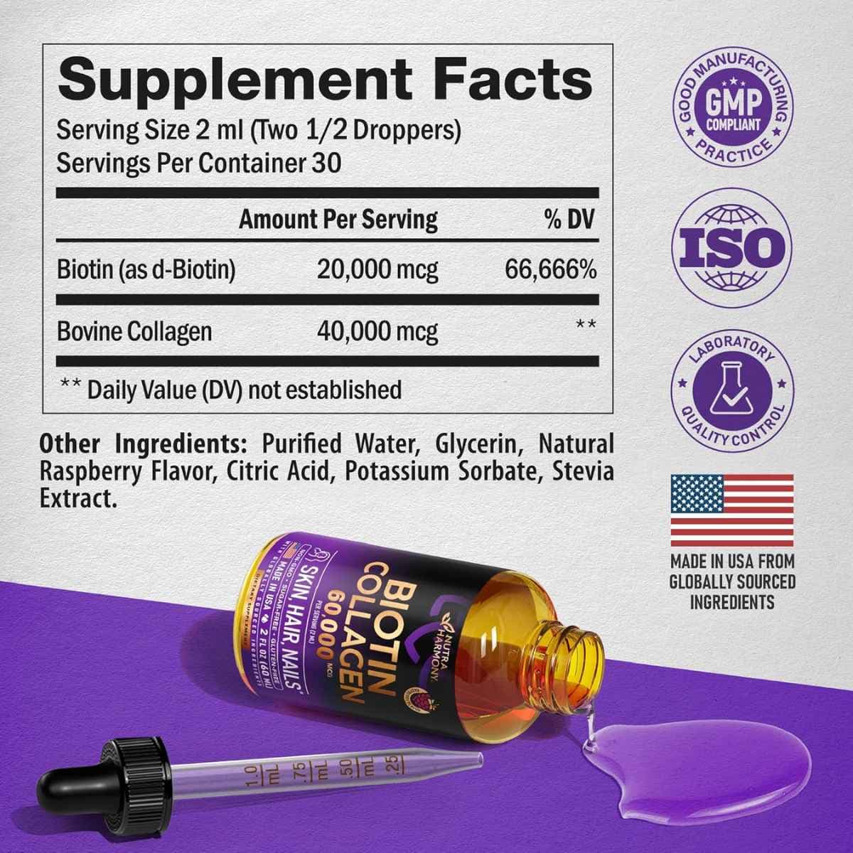Tabla nutricional del suplemento Nutra Harmony Biotina y Colágeno 60.000 mcg 60 ml