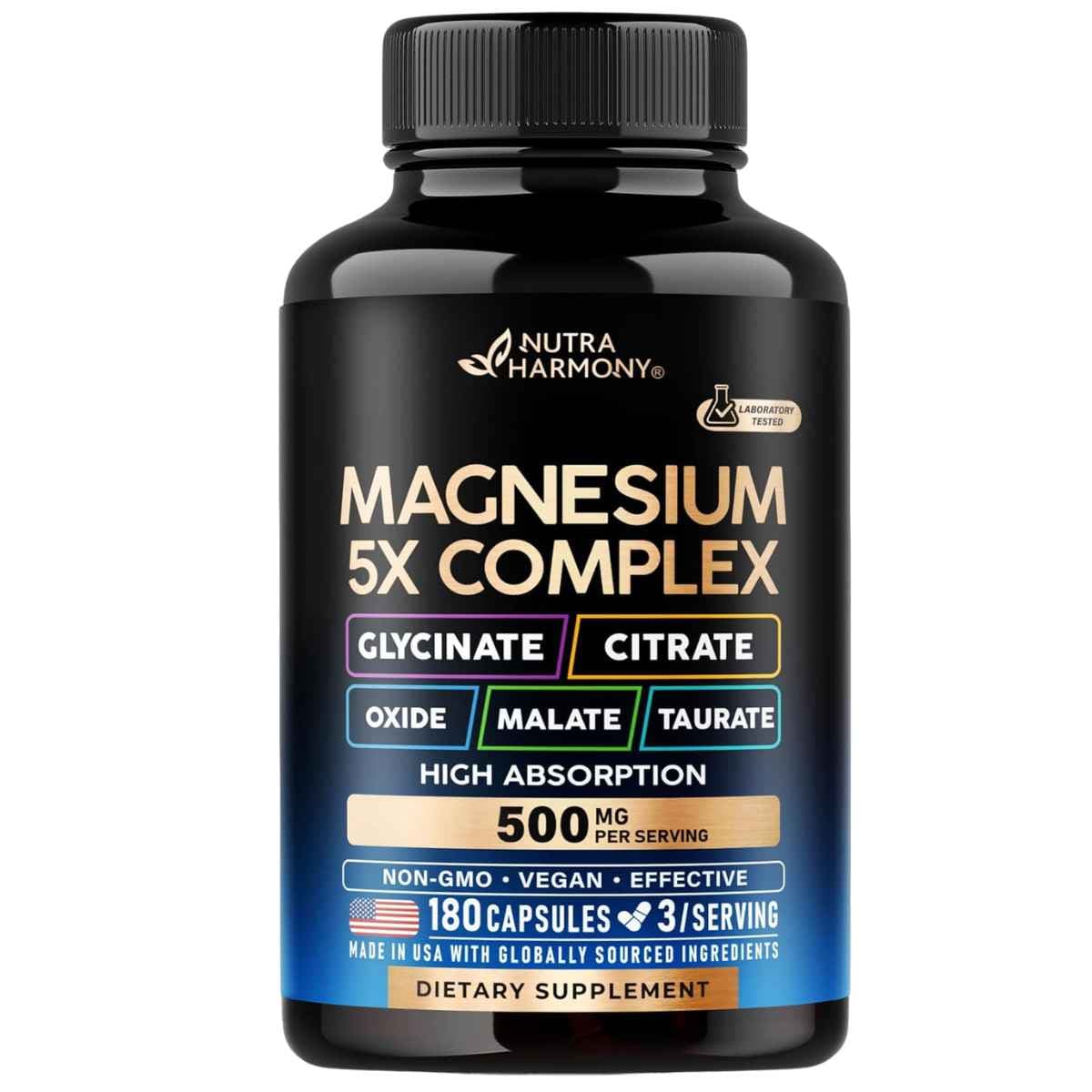 Frasco frontal de Nutra Harmony complejo de magnesio 5 en 1 de 500 mg por porción y 180 cápsulas.