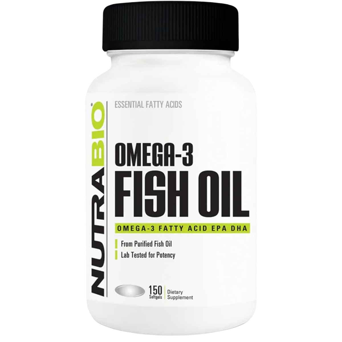 Frasco frontal de NutraBio Omega-3 Fish Oil, presentación de 150 cápsulas blandas.