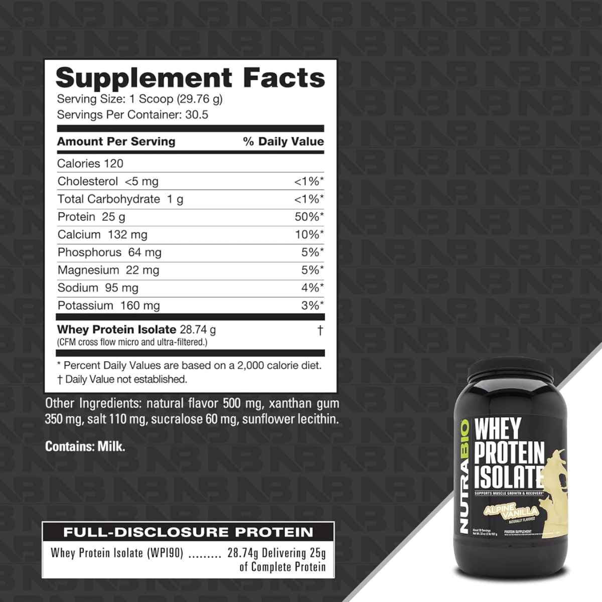 Tabla nutricional del suplemento NutraBio Aislado de Proteína de Suero Alpine Vanilla 2 lbs