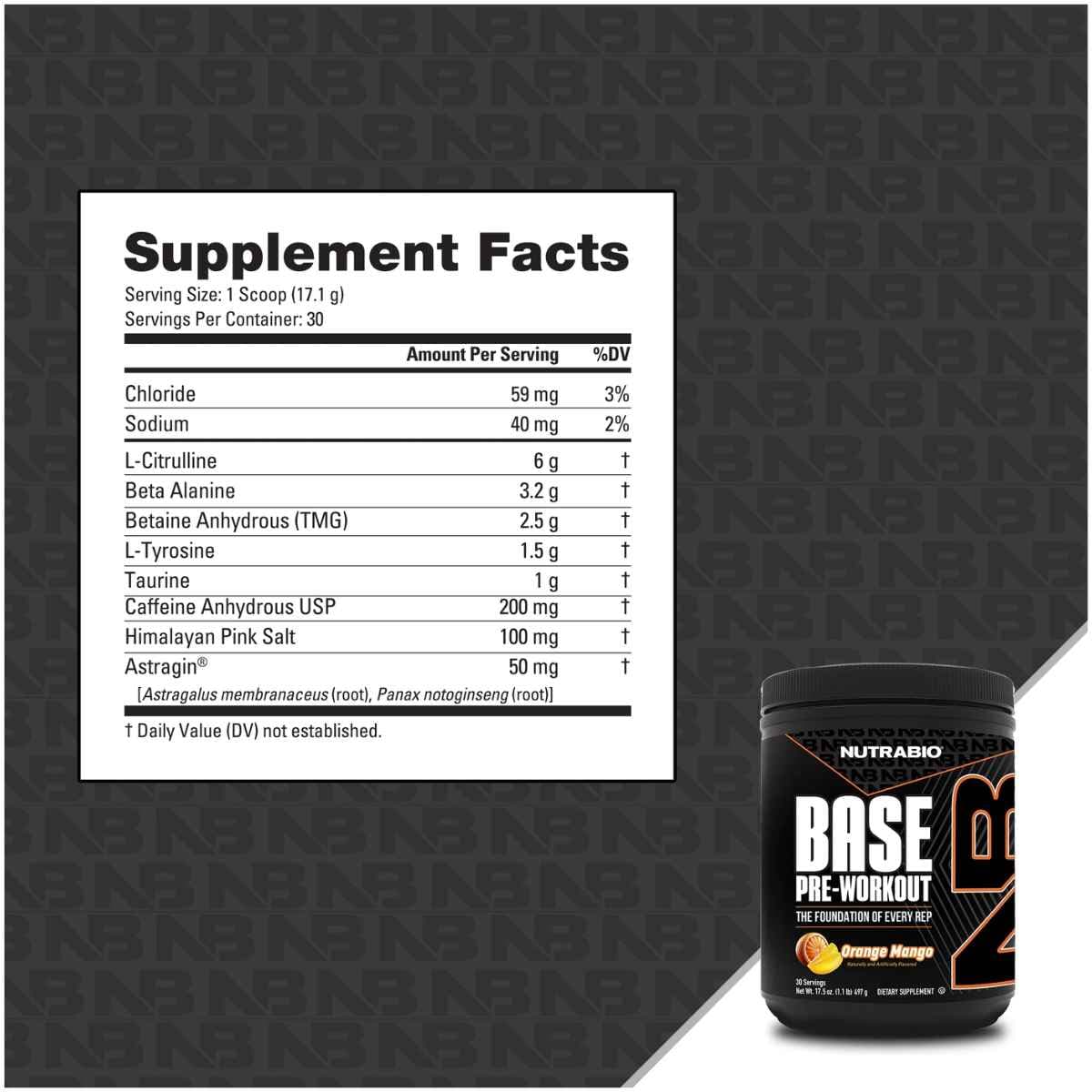 Tabla nutricional del suplemento NutraBio Base Pre-Workout sabor Naranja Mango 30 servicios