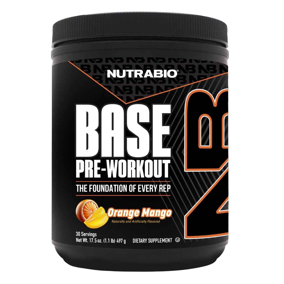 Frasco de suplemento NutraBio Base Pre-Workout sabor Naranja Mango 30 servicios