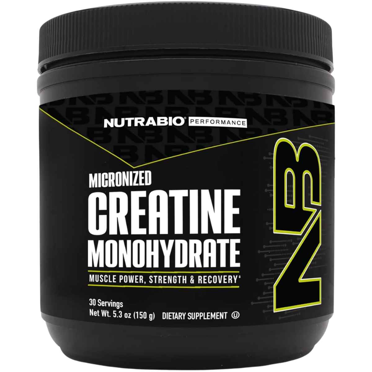Envase frontal de NutraBio creatina monohidratada sin sabor, presentación de 150 g