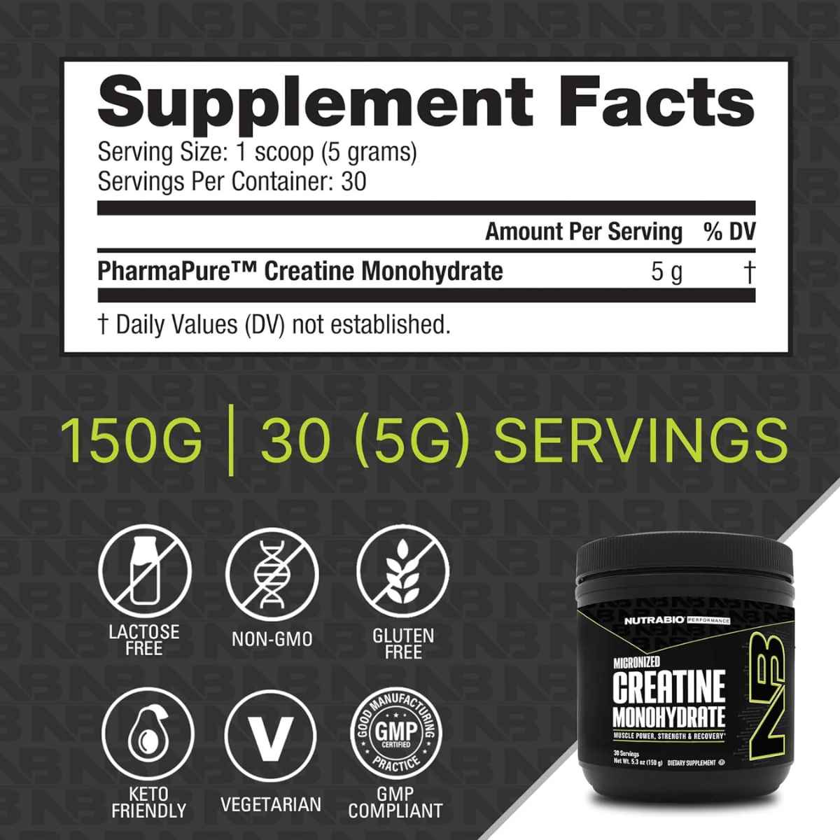 Información del suplemento de NutraBio creatina monohidratada de 150 g con 30 porciones