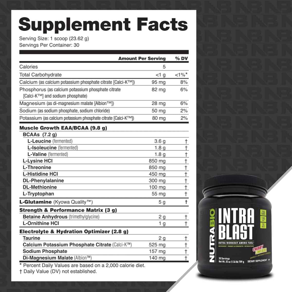 Tabla nutricional del suplemento NutraBio Intra Blast Aminoácidos Intra-Entreno sabor Cereza Limonada 709 g