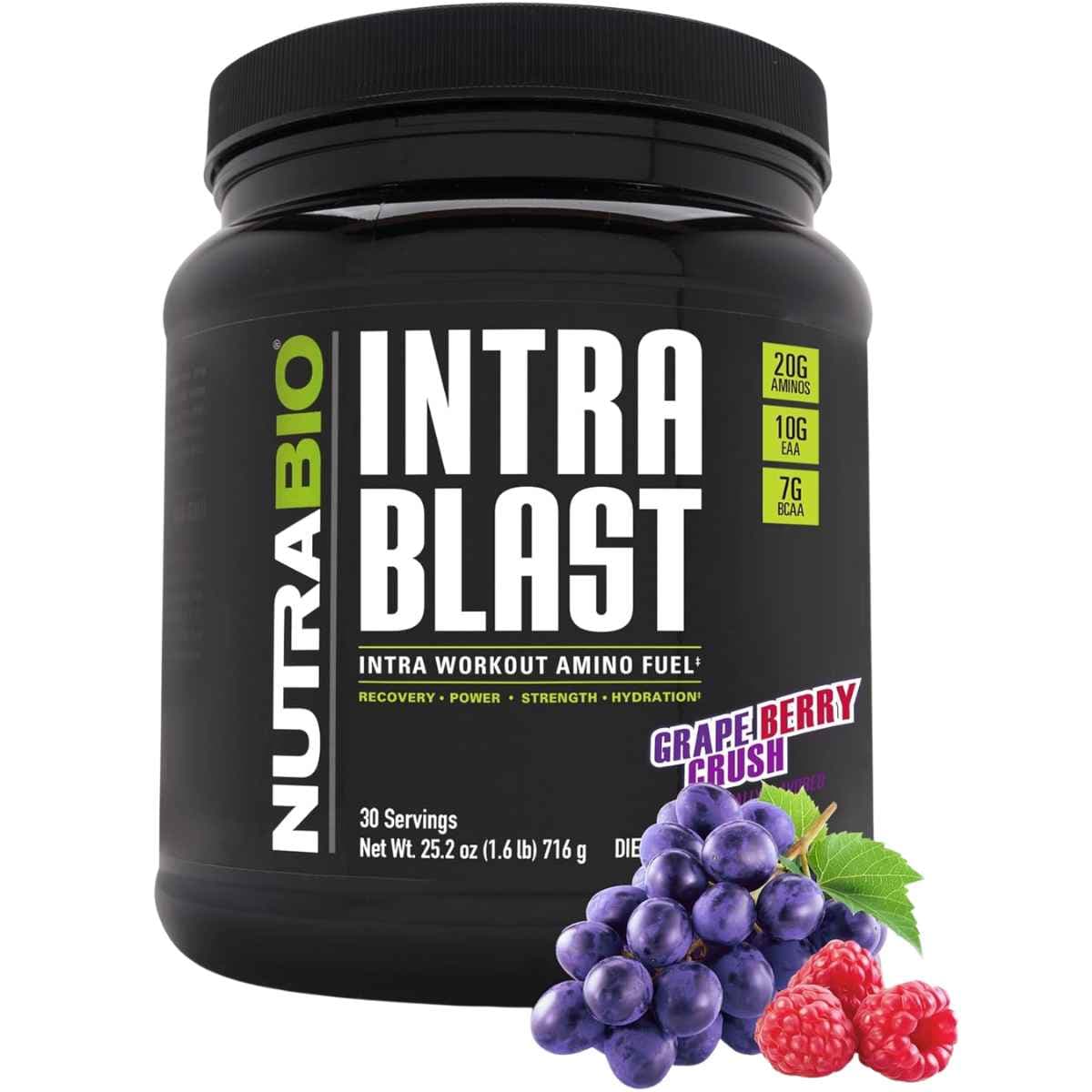 Frasco de suplemento NutraBio Intra Blast Aminoácidos Intra-Entreno sabor Explosión de Uva y Bayas 716 g