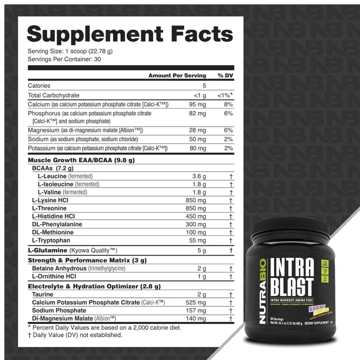 Tabla nutricional del suplemento NutraBio Intra Blast Aminoácidos Intra-Entreno sabor Limonada de Arándanos Azules 683 g