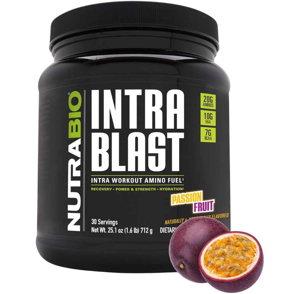 Frasco de suplemento NutraBio Intra Blast Aminoácidos Intra-Entreno sabor Maracuyá 712 g
