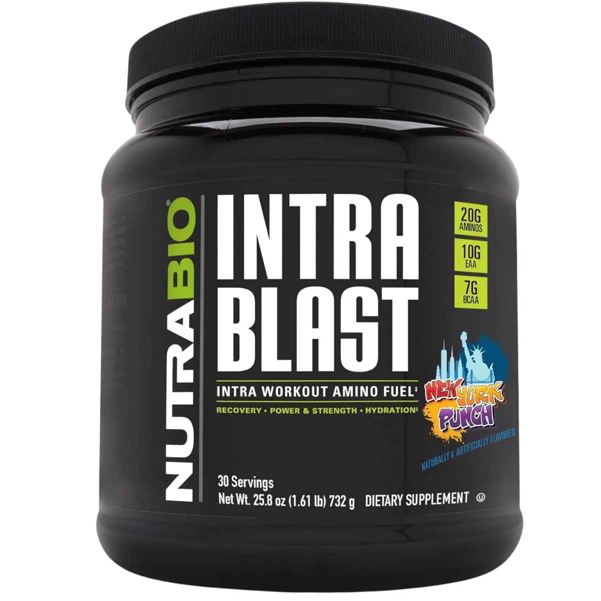 Frasco de suplemento NutraBio Intra Blast Aminoácidos Intra-Entreno sabor Ponche de Nueva York 732 g