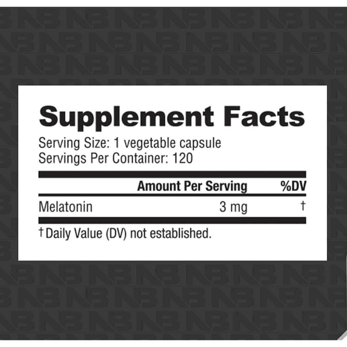 Etiqueta completa de NutraBio melatonina de 3 mg con información del suplemento, modo de uso y advertencias