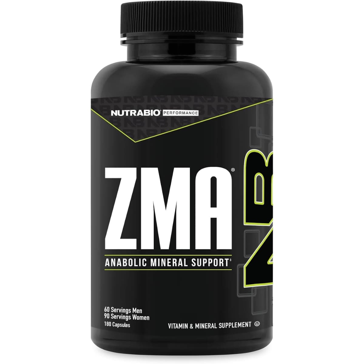 Frasco frontal de NutraBio ZMA con magnesio, zinc y vitamina B6, 180 cápsulas