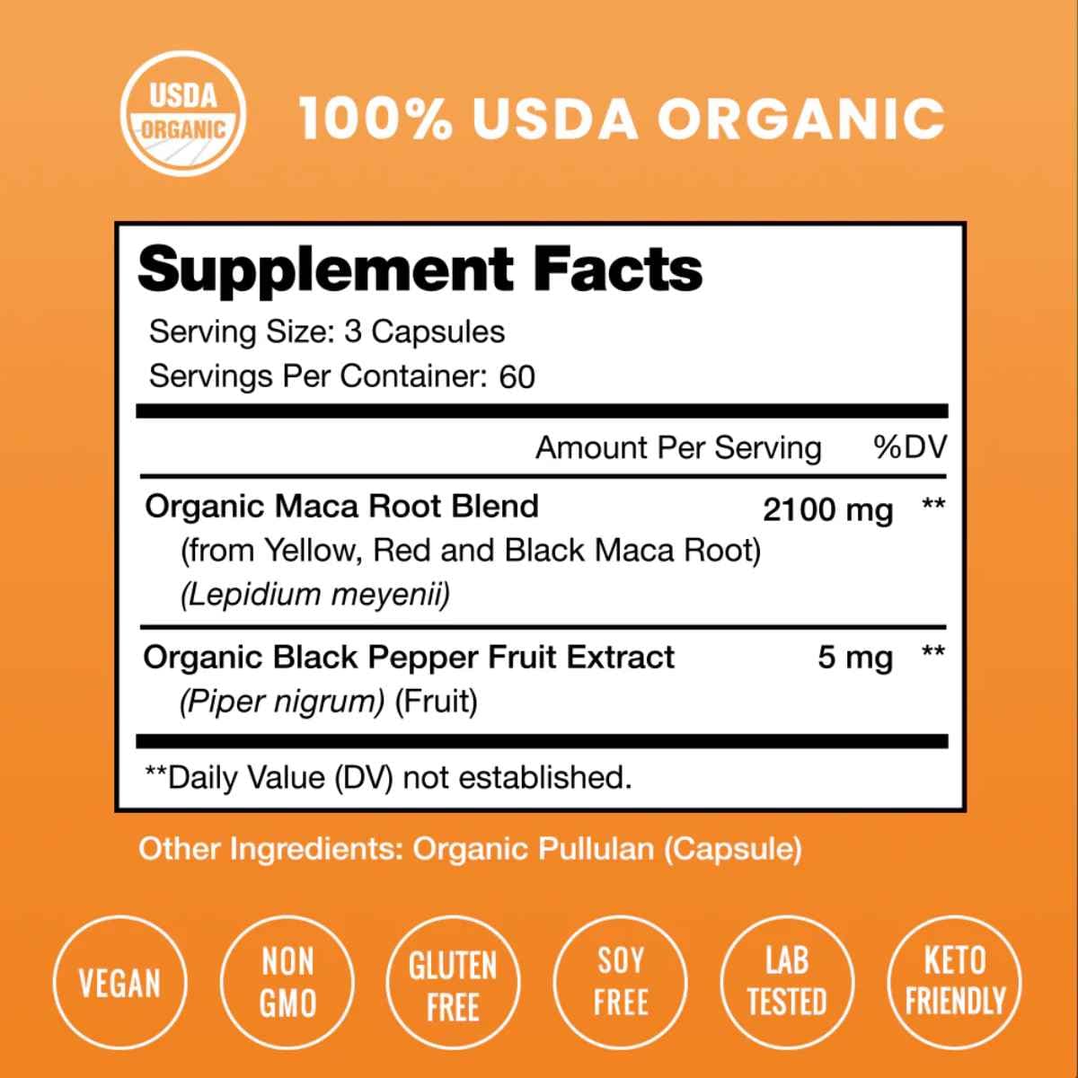 Tabla nutricional del suplemento NutraChamps Maca Peruana Orgánica 180 cápsulas