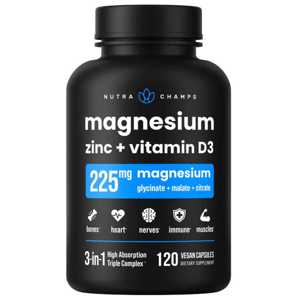 Frasco de suplemento NutraChamps Magnesio, Zinc y Vitamina D3 120 cápsulas