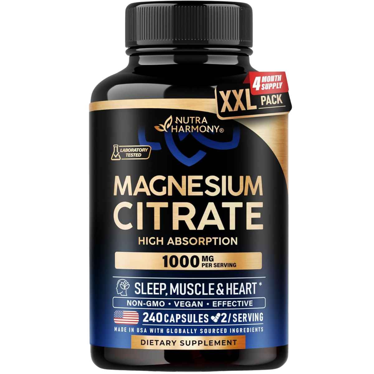 Frasco de complejo de magnesio en cápsulas de la marca NUTRAHARMONY, presentación de 240 cápsulas