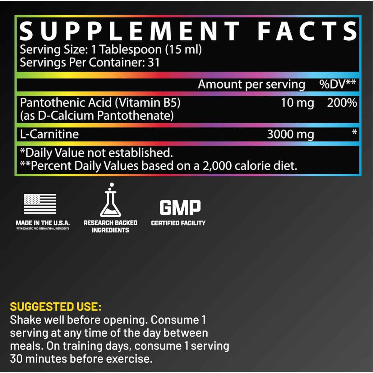 Tabla nutricional del suplemento Nutrex Research L-Carnitina sabor Gomitas Ácidas 3000 mg 465 ml Líquido