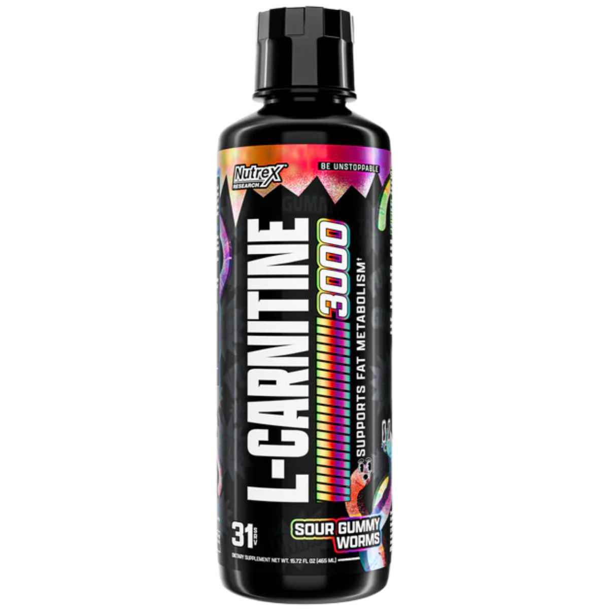 Frasco de suplemento Nutrex Research L-Carnitina sabor Gomitas Ácidas 3000 mg 465 ml Líquido