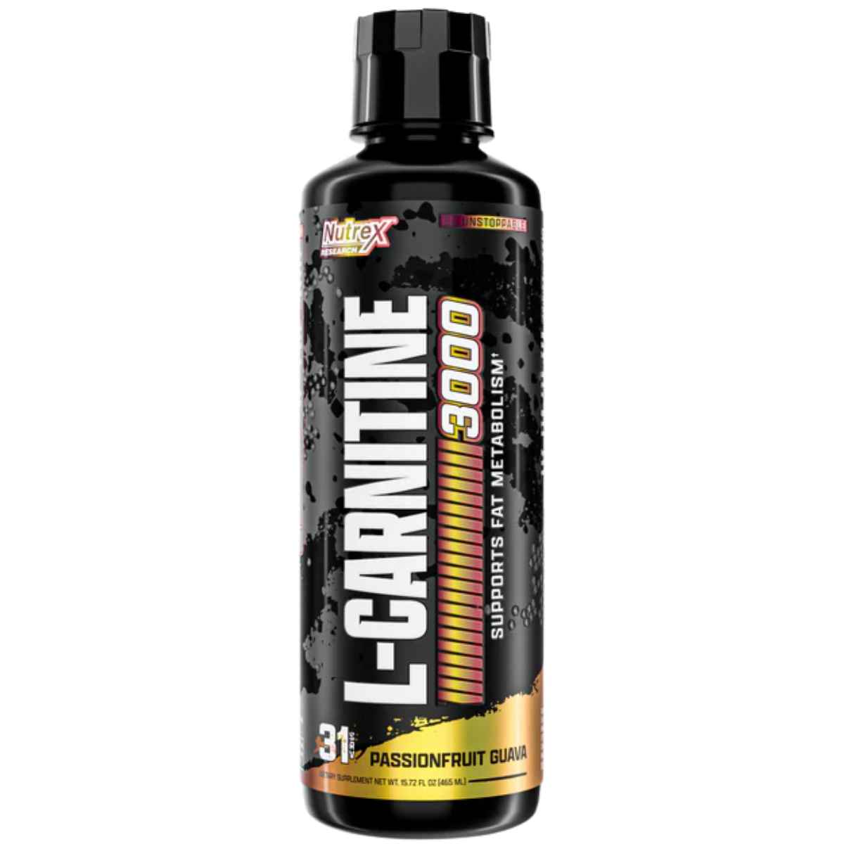 Frasco de suplemento Nutrex Research L-Carnitina sabor Maracuyá Guayaba 3000 mg 465 ml Líquido