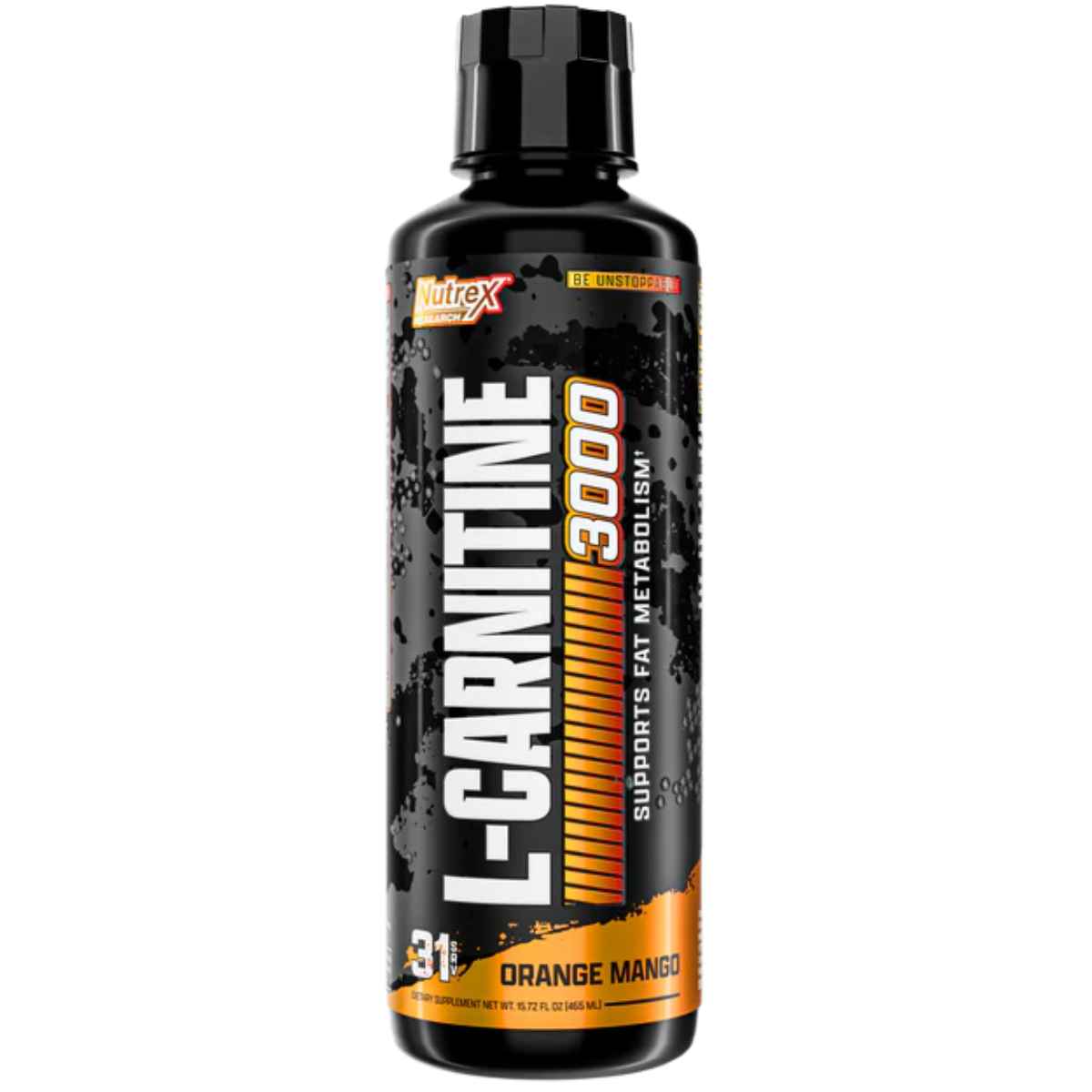 Frasco de suplemento Nutrex Research L-Carnitina sabor Naranja Mango 3000 mg 465 ml Líquido