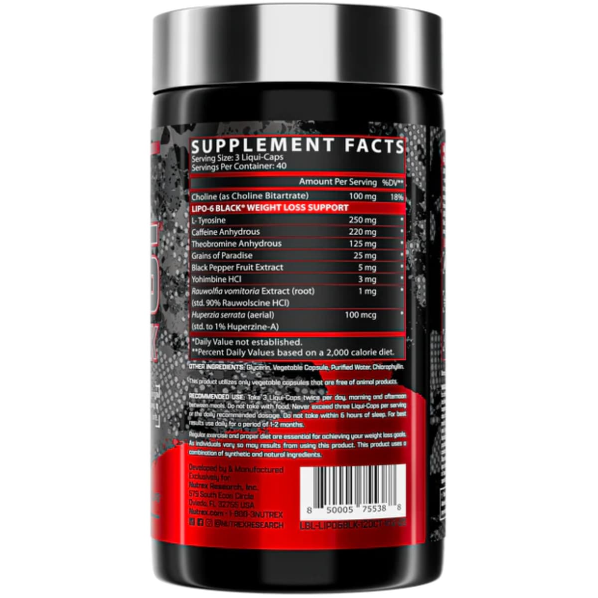 Tabla nutricional del suplemento Nutrex Research Lipo-6 Black 120 cápsulas