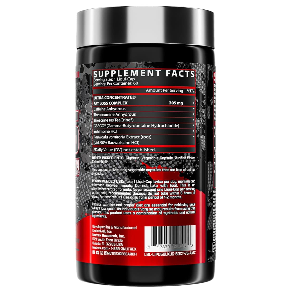 Tabla nutricional del suplemento Nutrex Research Lipo-6 Black Ultra Concentrate 60 cápsulas