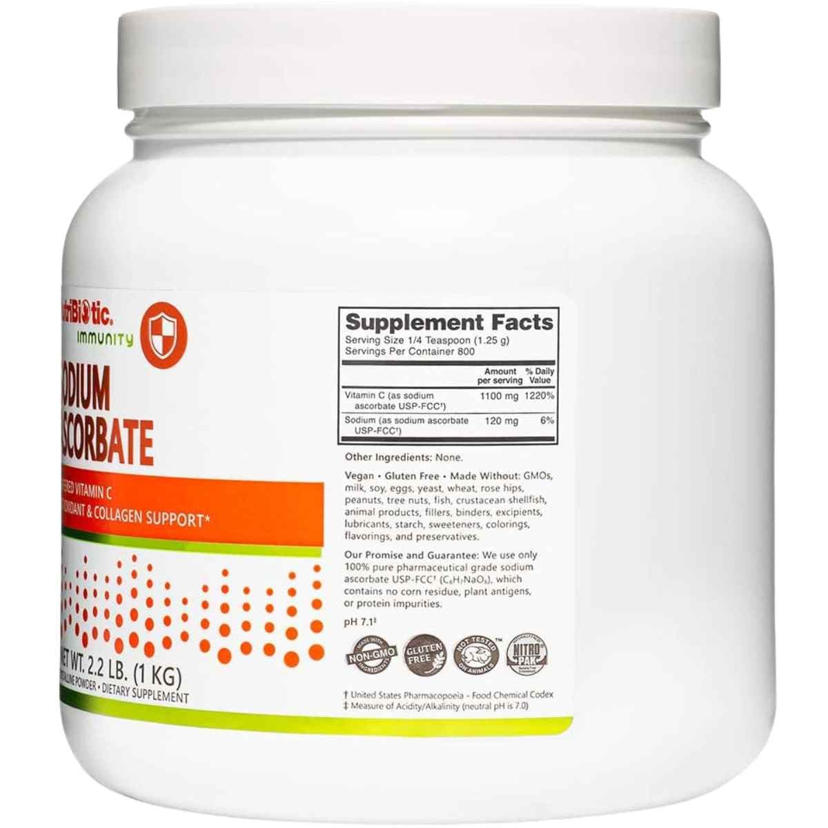Tabla nutricional del suplemento NutriBiotic Ascorbato de Sodio 1 kg