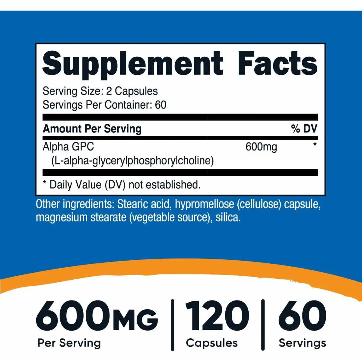 Información nutricional de Nutricost Alpha GPC 600 mg - Suplemento en cápsulas de colina