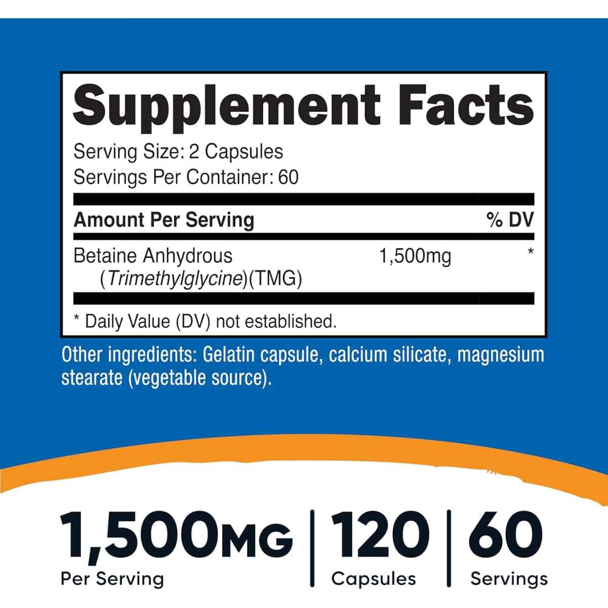 Tabla nutricional del suplemento Nutricost Betaína Anhidra TMG 1500 mg 120 cápsulas