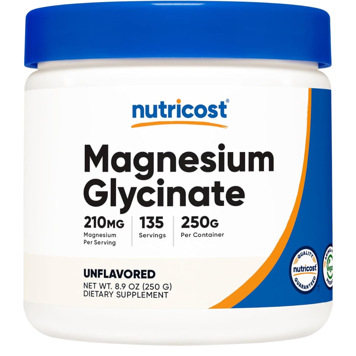 Envase frontal de Nutricost bisglicinato de magnesio en polvo, 210 mg por porción y 250 g