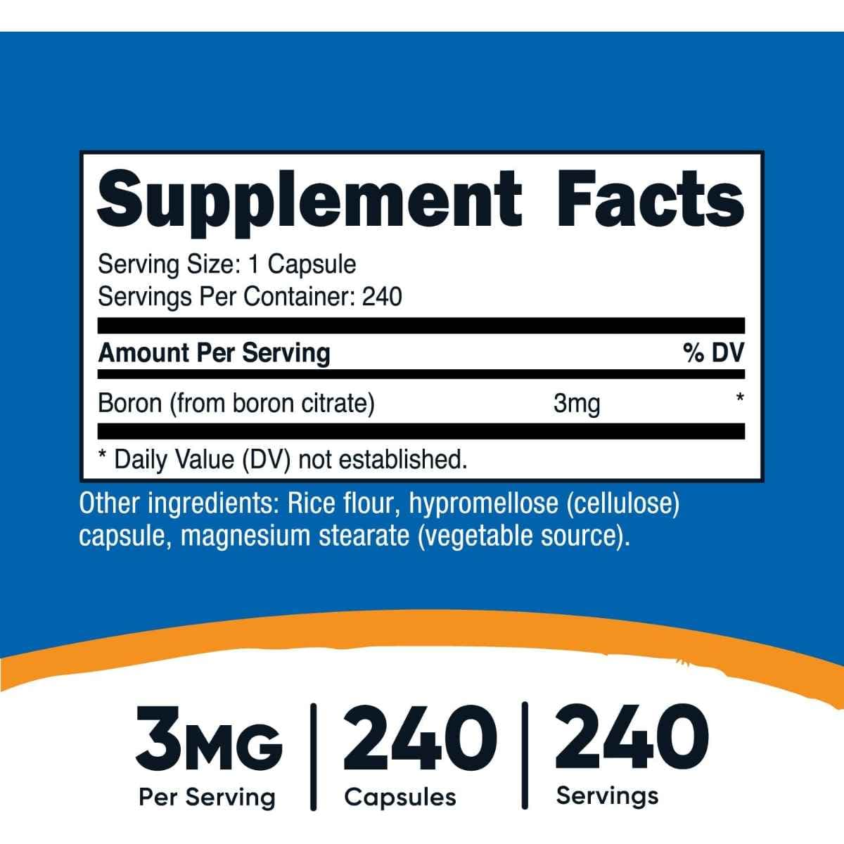 Tabla nutricional del suplemento Nutricost Boro Citrato 3 mg 240 cápsulas
