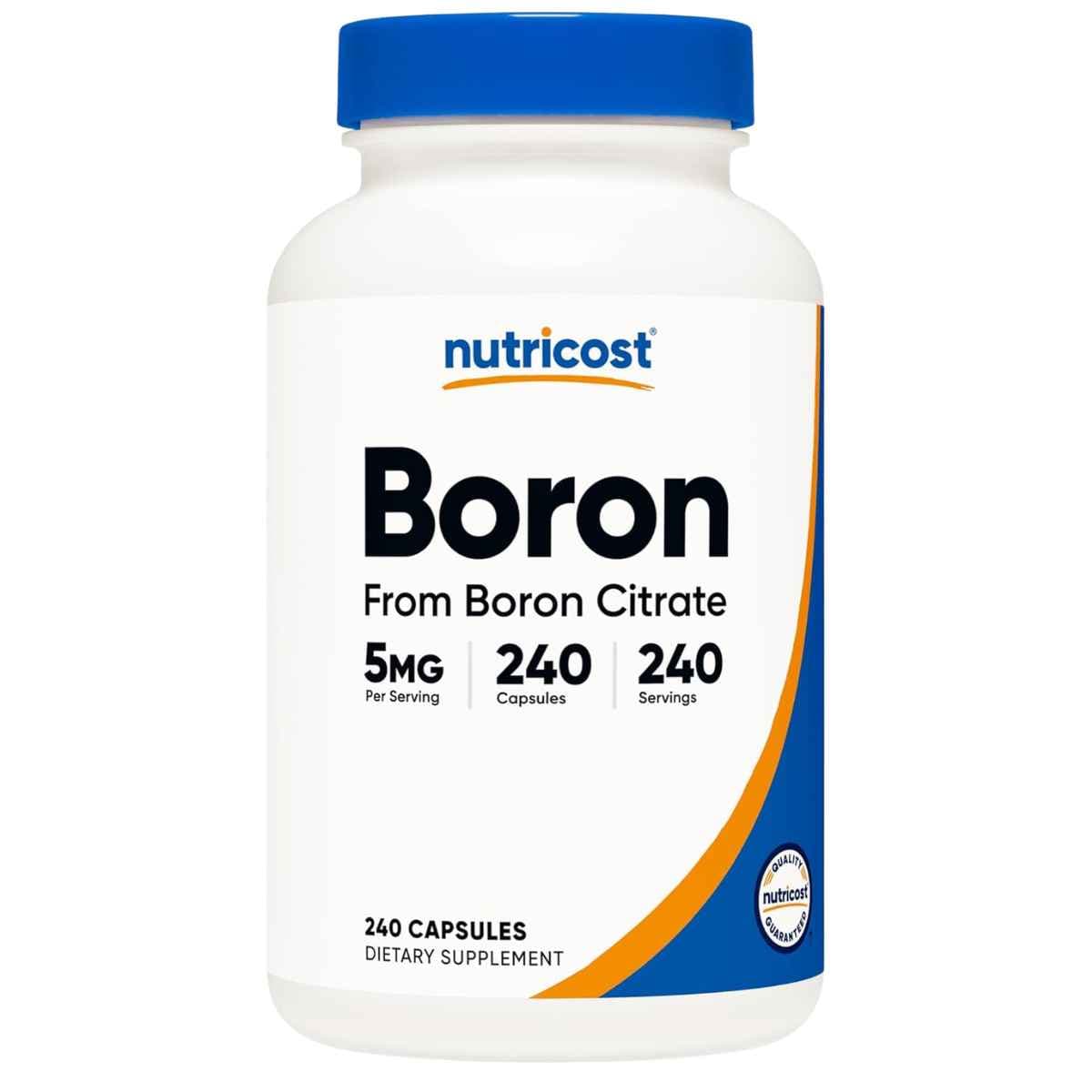Frasco de suplemento Nutricost Boro Citrato 5 mg 240 cápsulas