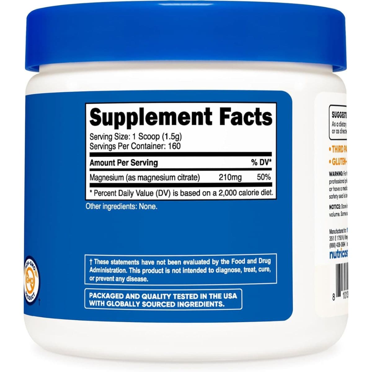 Panel de información del suplemento de Nutricost citrato de magnesio en polvo, sabor Sin sabor, 250 g.