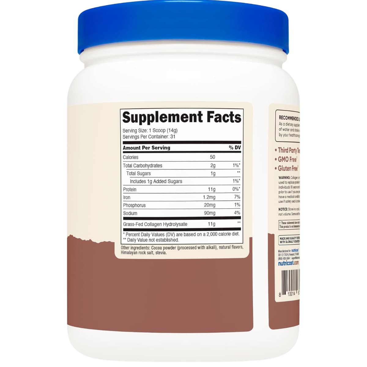 Tabla nutricional del suplemento Nutricost Colágeno Hidrolizado Bovino Chocolate 1 lb