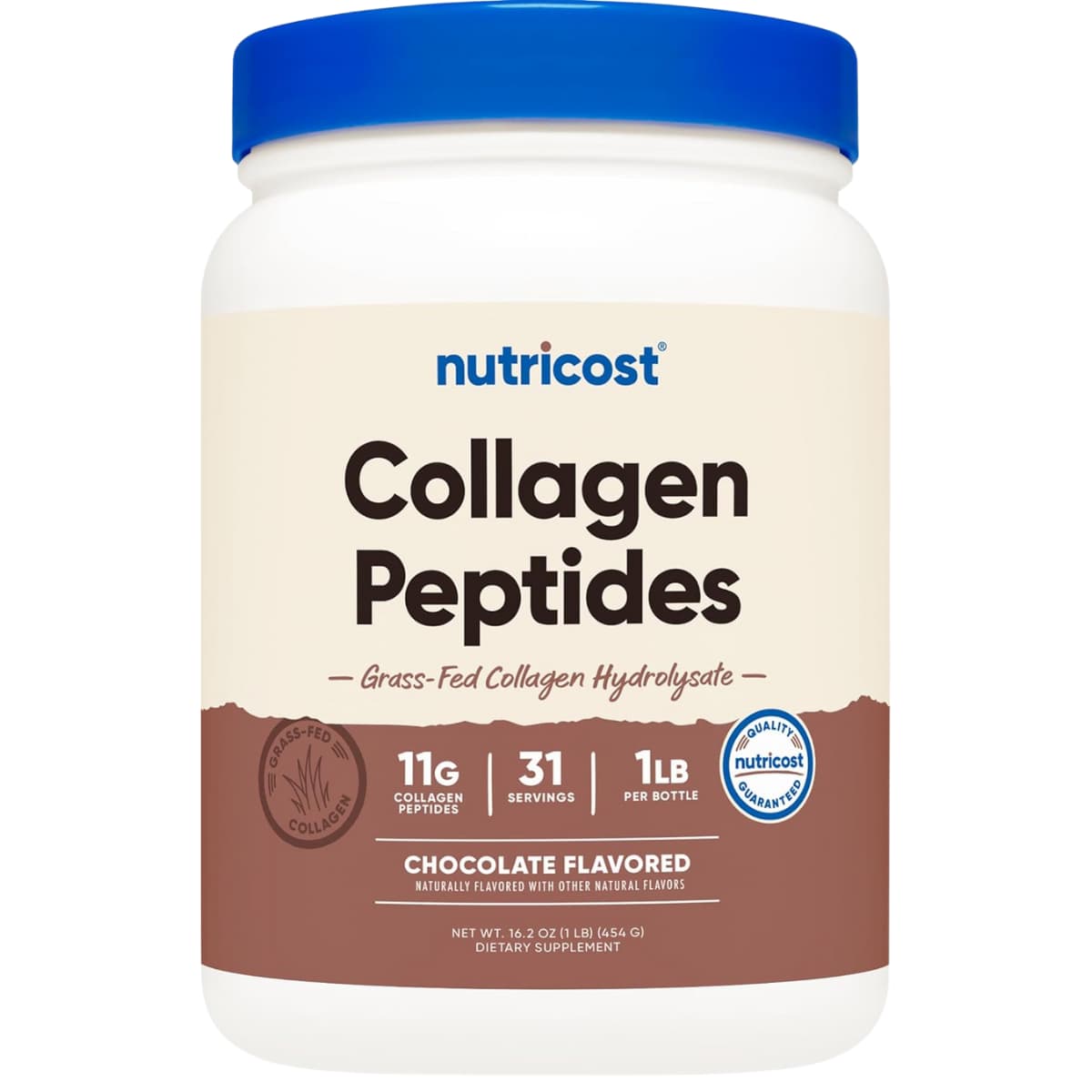 Frasco de suplemento Nutricost Colágeno Hidrolizado Bovino Chocolate 1