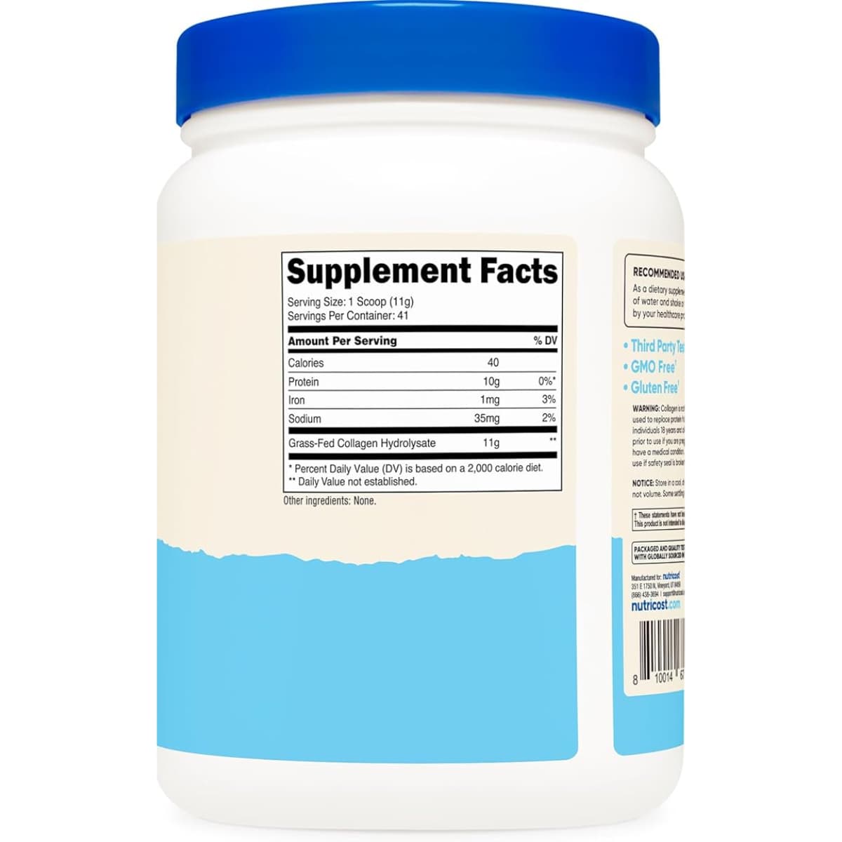 Tabla nutricional del suplemento Nutricost Colágeno Hidrolizado Bovino Sin Sabor 1 lb