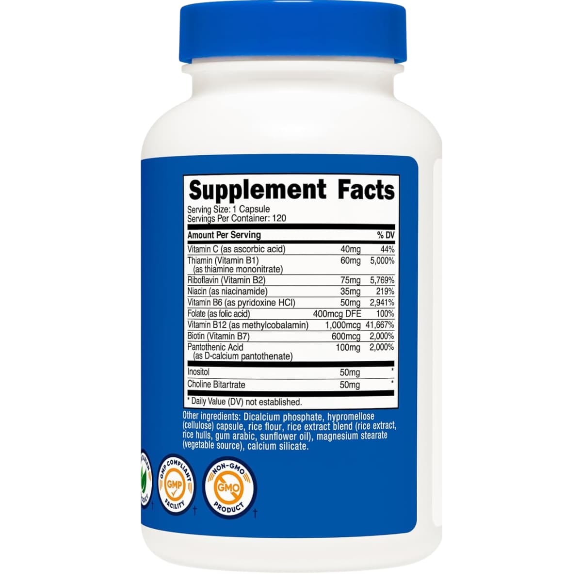 Tabla nutricional del suplemento Nutricost Complejo B 120 cápsulas